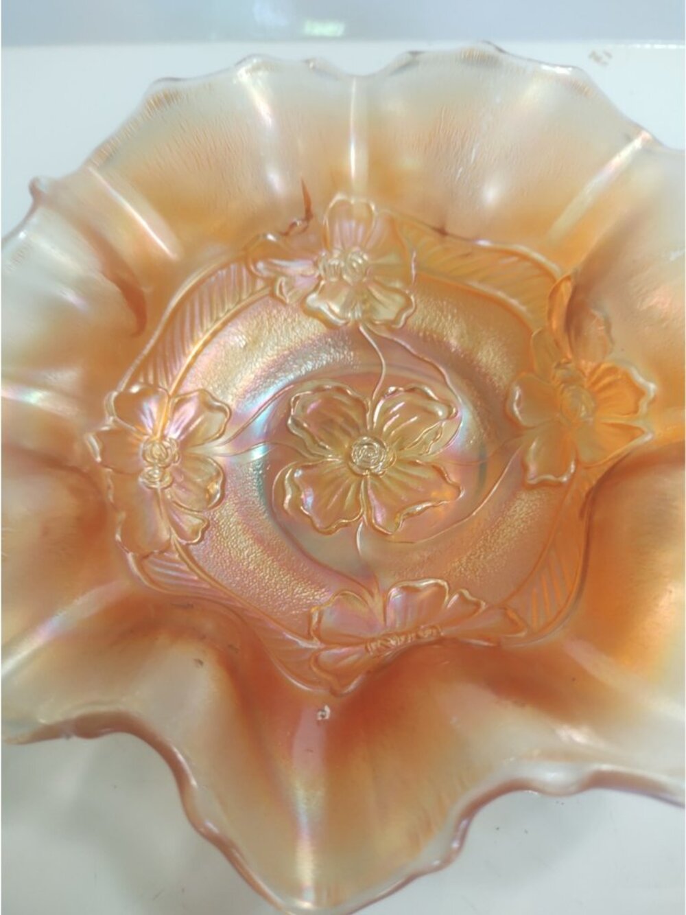 Dugan APPLE BLOSSOM Marigold Carnival Glass Ruffled 7" Bowl Early 1900's